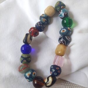 Handmade beads recycled glass Krobo Ashanti brass lost wax bracelet stretched